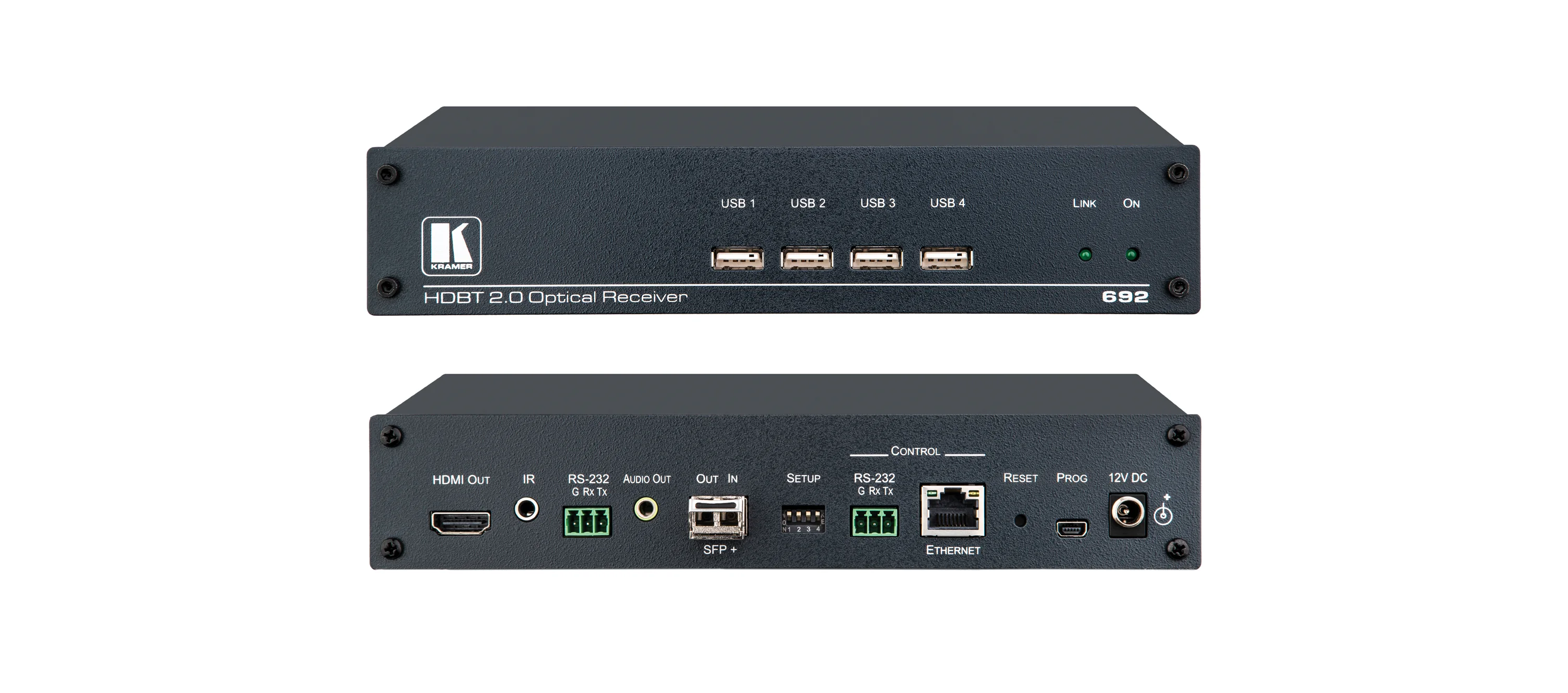 692 – 4K 60 4:2:0 MM/SM LWL-Empfänger mit USB, Ethernet, RS-232, IR und Stereo-Audio über HDBaseT 2.0 mit Ultra-Reichweite