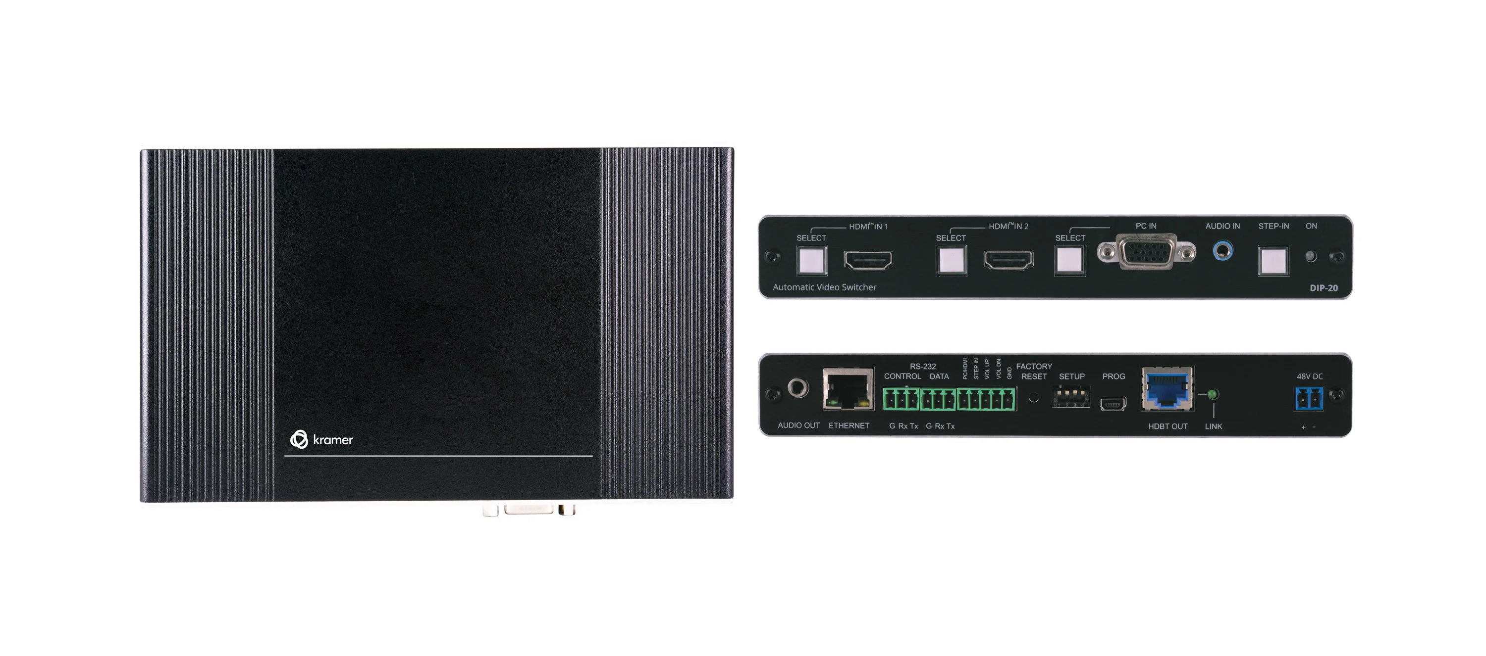 DIP-20 – 4K60 4:2:0 HDMI & VGA Step–In PoE Transmitter with Ethernet, RS–232 & Stereo Audio over Extended–Reach HDBaseT