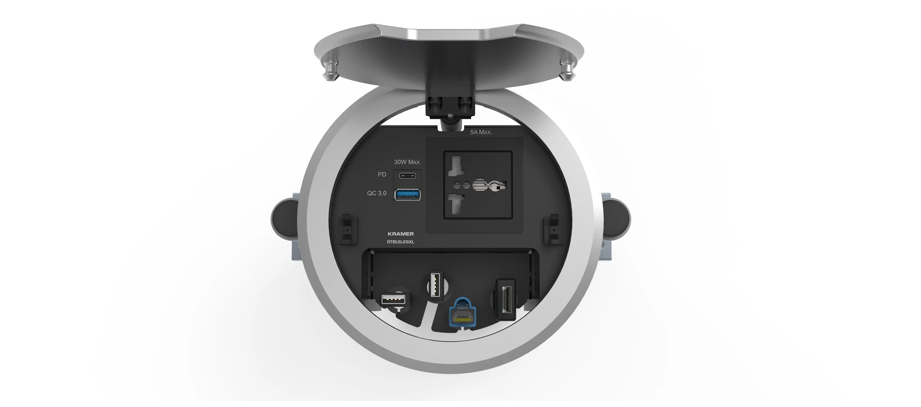 RTBUS–28XL(B) – Rundes Tischanschlussfeld mit Steckdose^ USB-Anschlüssen und Kabeldurchführungen