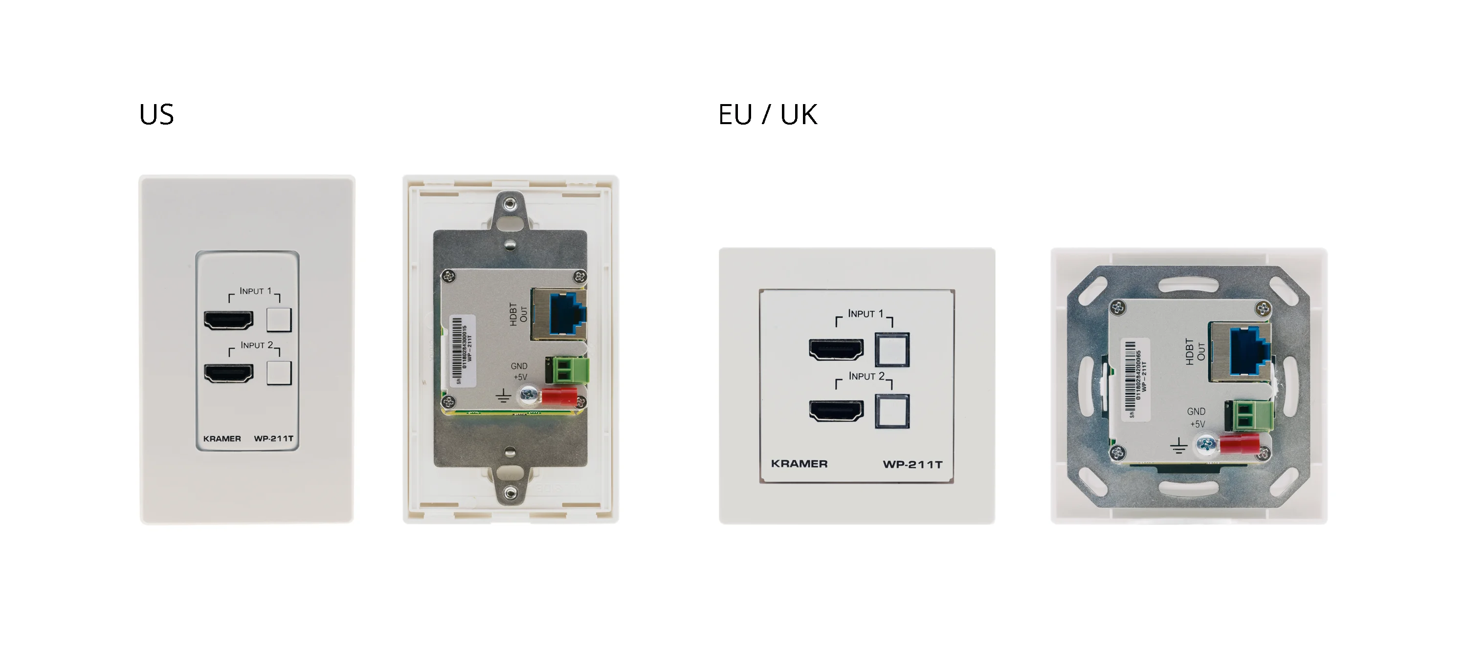 WP-211T/EU-80/86(W) – EU & UK–size Wall–Plate Switcher/Transmitter with EU & UK White Frames
