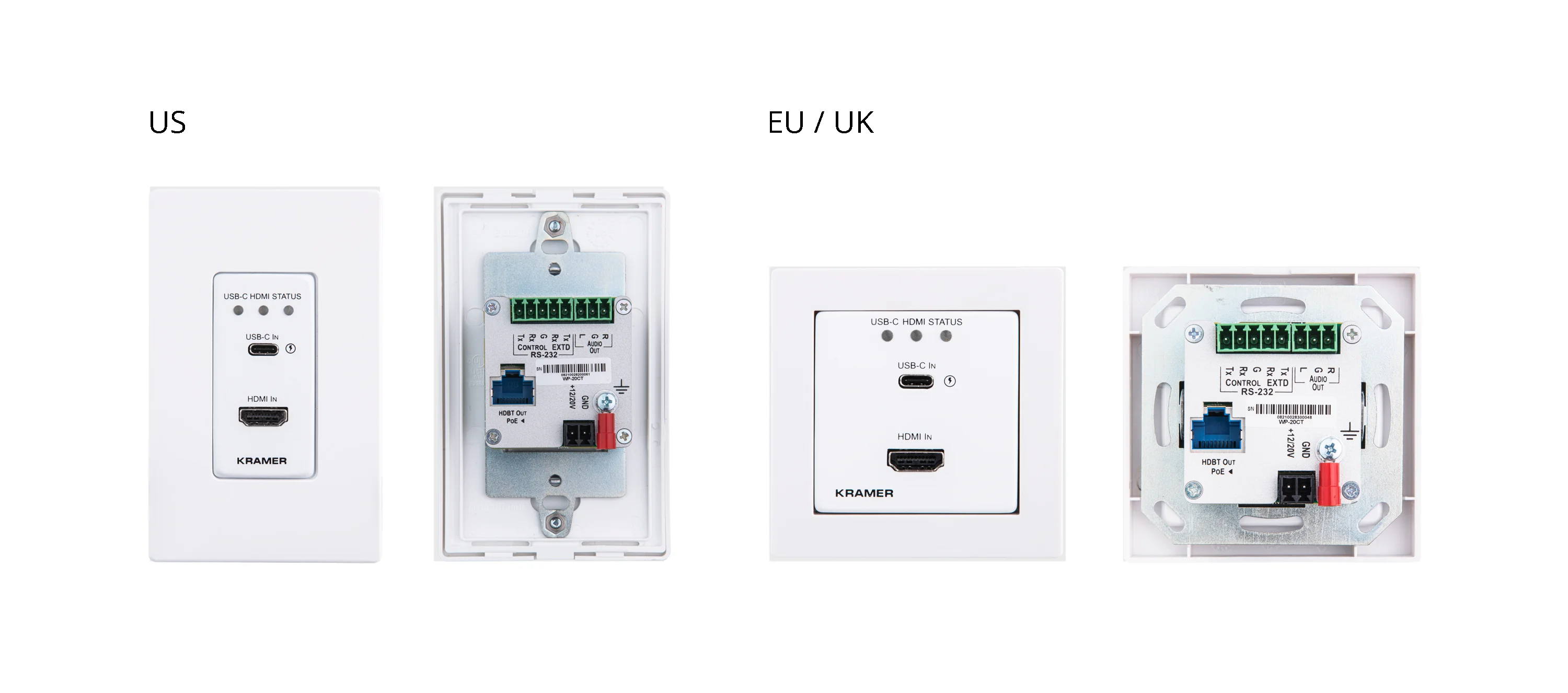 WP–20CT/EU–80/86(W) – Automatik-Umschalter/Transmitter mit je einem weißen 80 und 86 mm Rahmen im EU & UK–Formfaktor