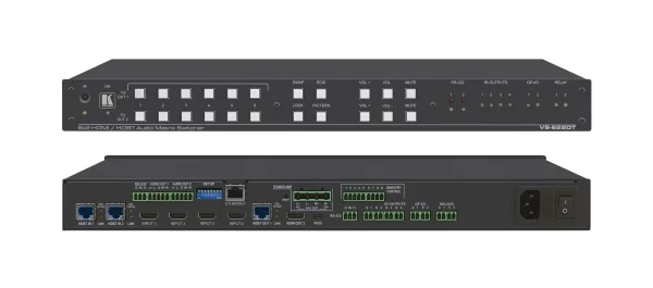 VS-622DT – All-in-One Präsentationssystem mit 6x2 4K60 4:2:0 HDMI/HDBaseT Matrixschalter, Steuer-Gateway, PoE, Endverstärker und Maestro Raum-Automatisierung