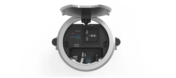 RTBUS–28XL(BC) – Rundes Tischanschlussfeld mit Steckdose^ USB-Anschlüssen und Kabeldurchführungen